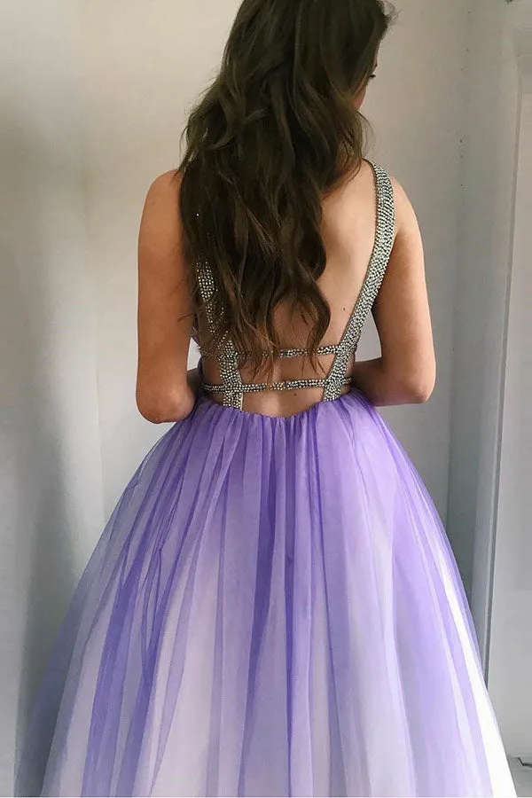 A-Line Deep V-Neck Floor-Length Purple Gradient Tulle Backless Prom Dress with Beading LRA096