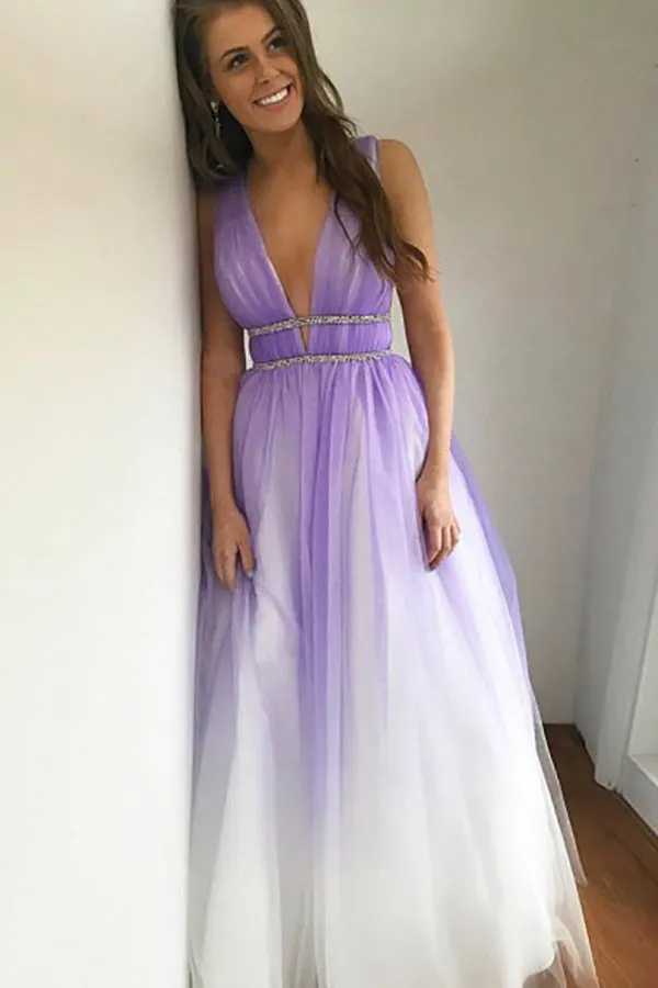 A-Line Deep V-Neck Floor-Length Purple Gradient Tulle Backless Prom Dress with Beading LRA096
