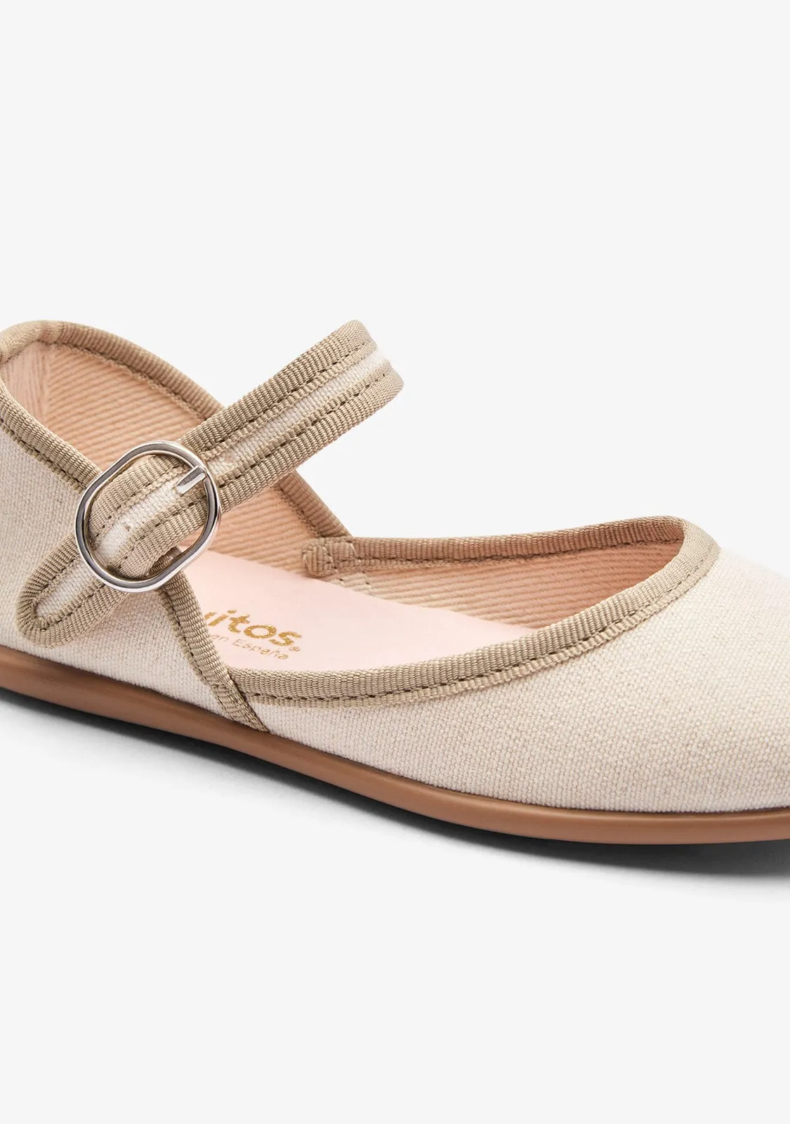 Beige Buckle Canvas Ballerinas