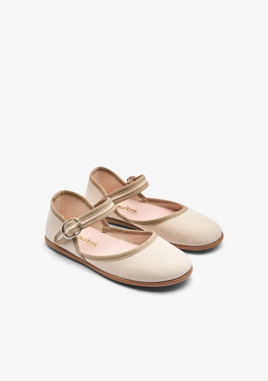 Beige Buckle Canvas Ballerinas