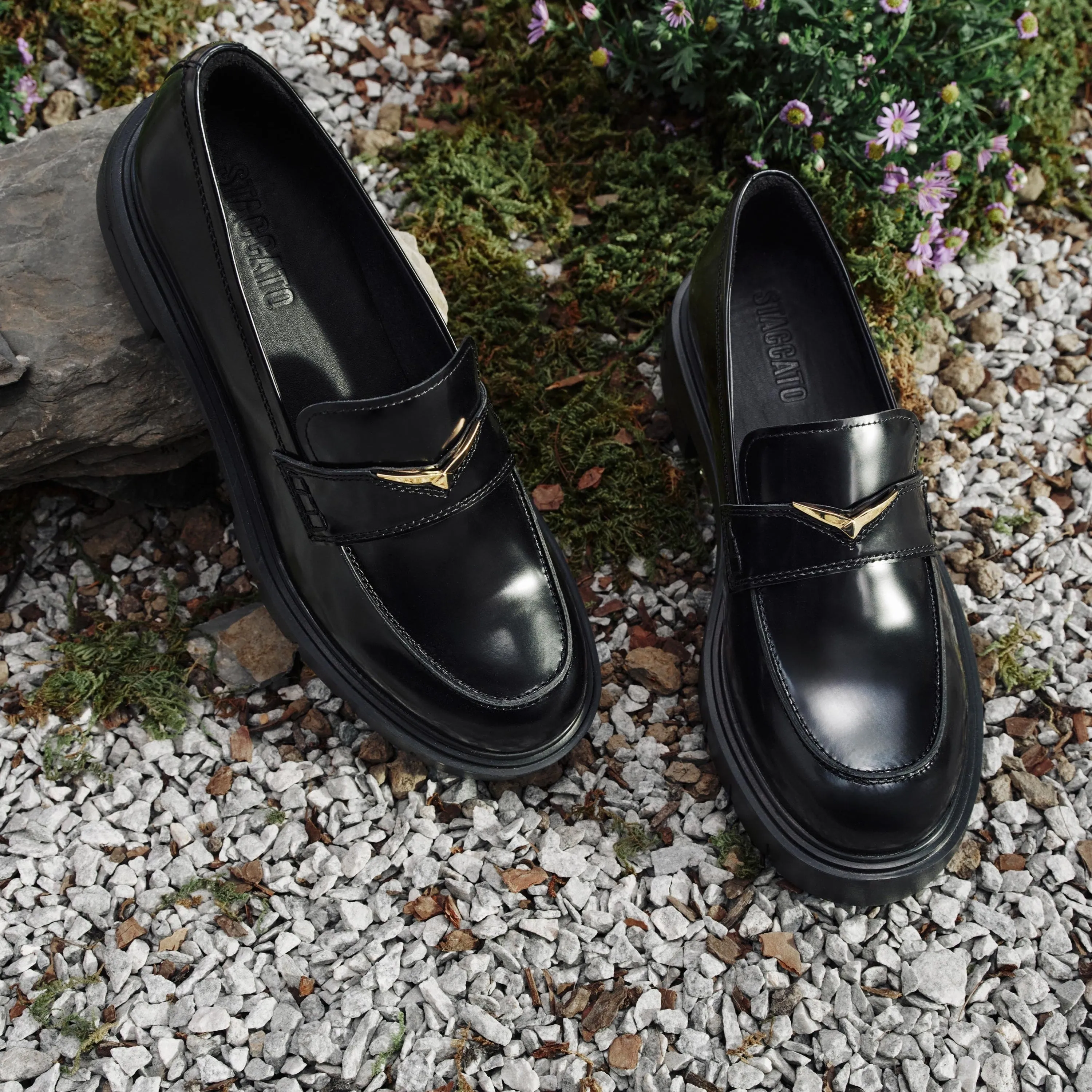 Black Signature Golden Seagull Leather Loafers