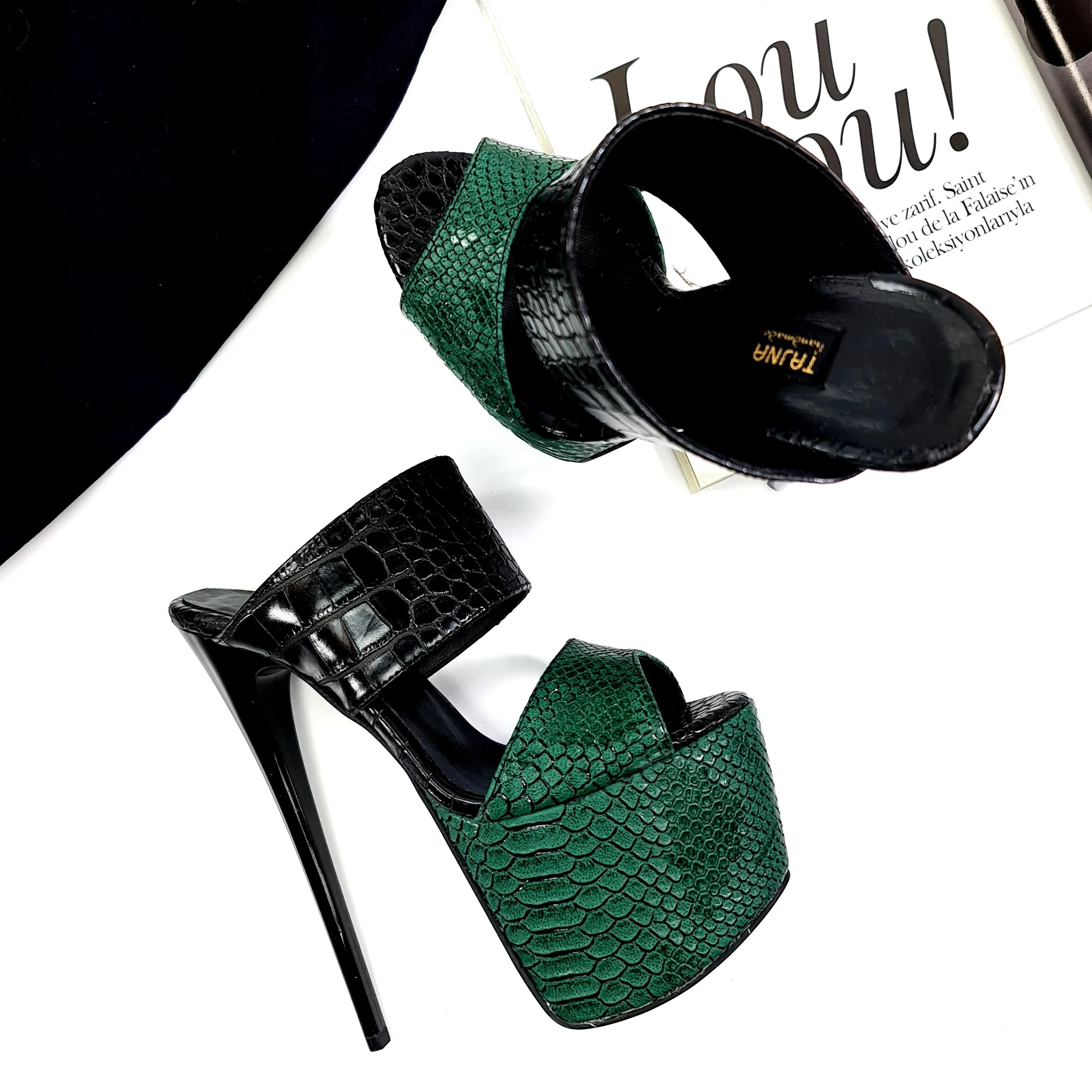 Double Strap Green Black Croco Mules