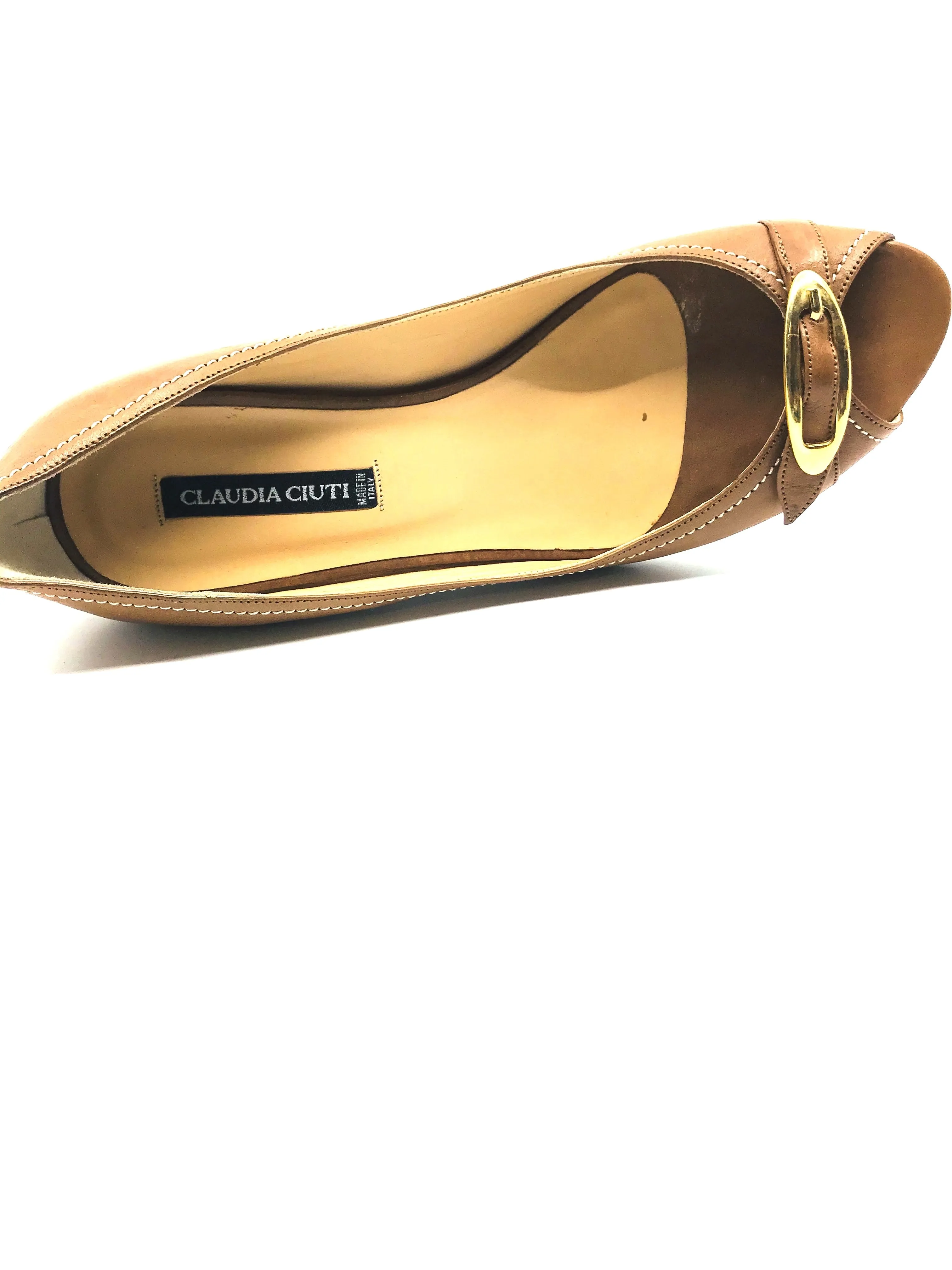 Elena Noce Tan Leather Claudia Ciuti Wedge Pumps