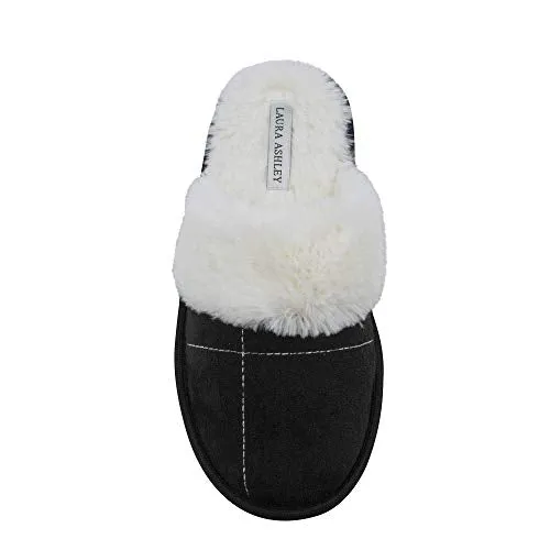 Laura Ashley Ladies Micro Suede Scuff Slipper with Plush Collar, Black, M