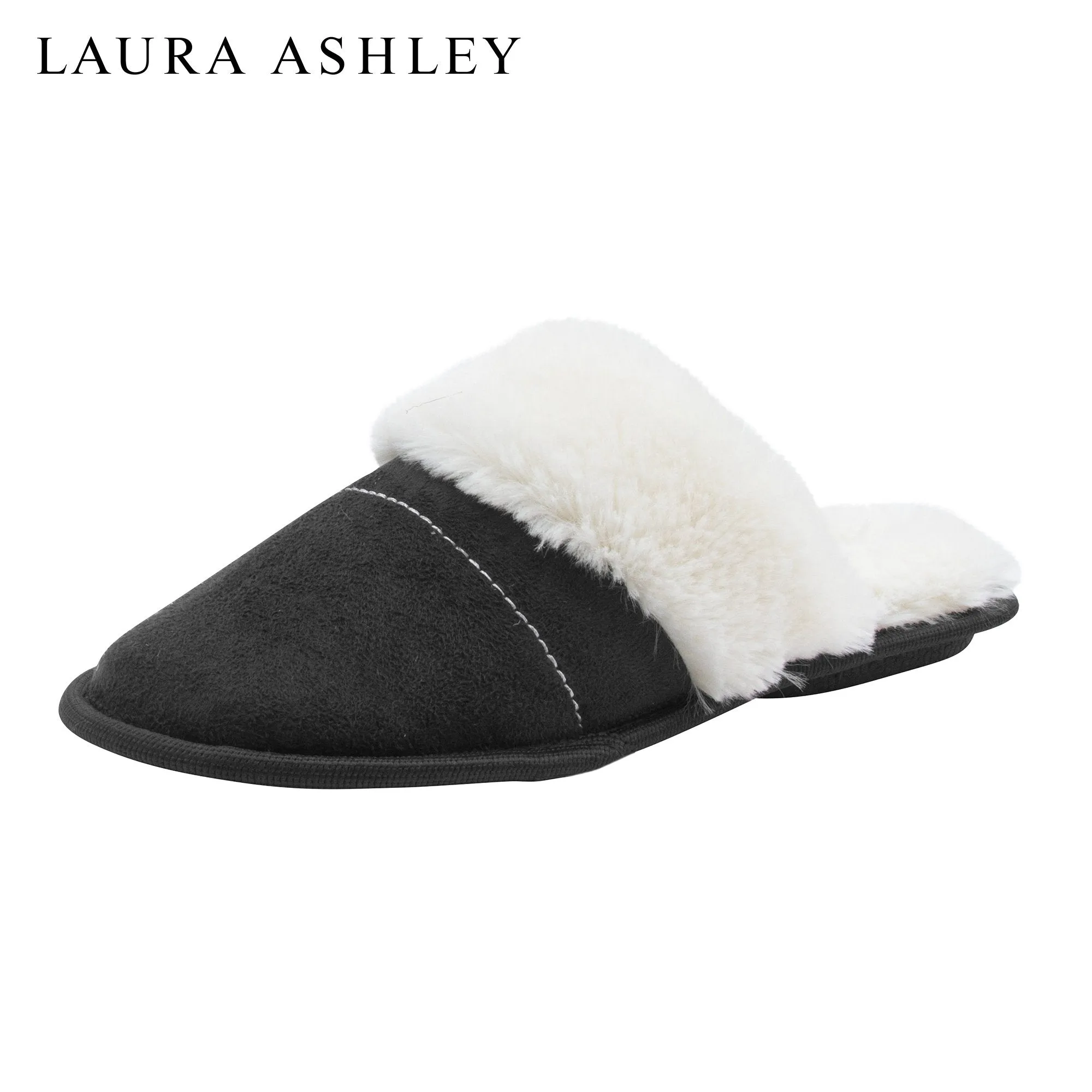 Laura Ashley Ladies Micro Suede Scuff Slipper with Plush Collar, Black, M