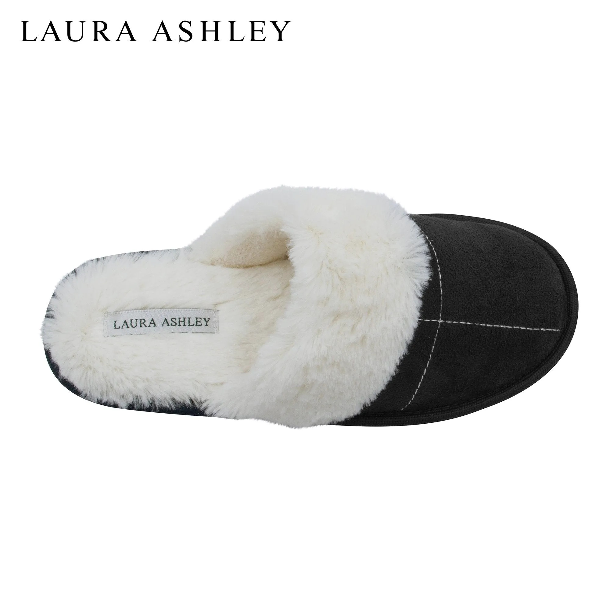 Laura Ashley Ladies Micro Suede Scuff Slipper with Plush Collar, Black, M
