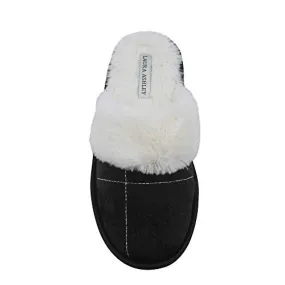 Laura Ashley Ladies Micro Suede Scuff Slipper with Plush Collar, Black, M
