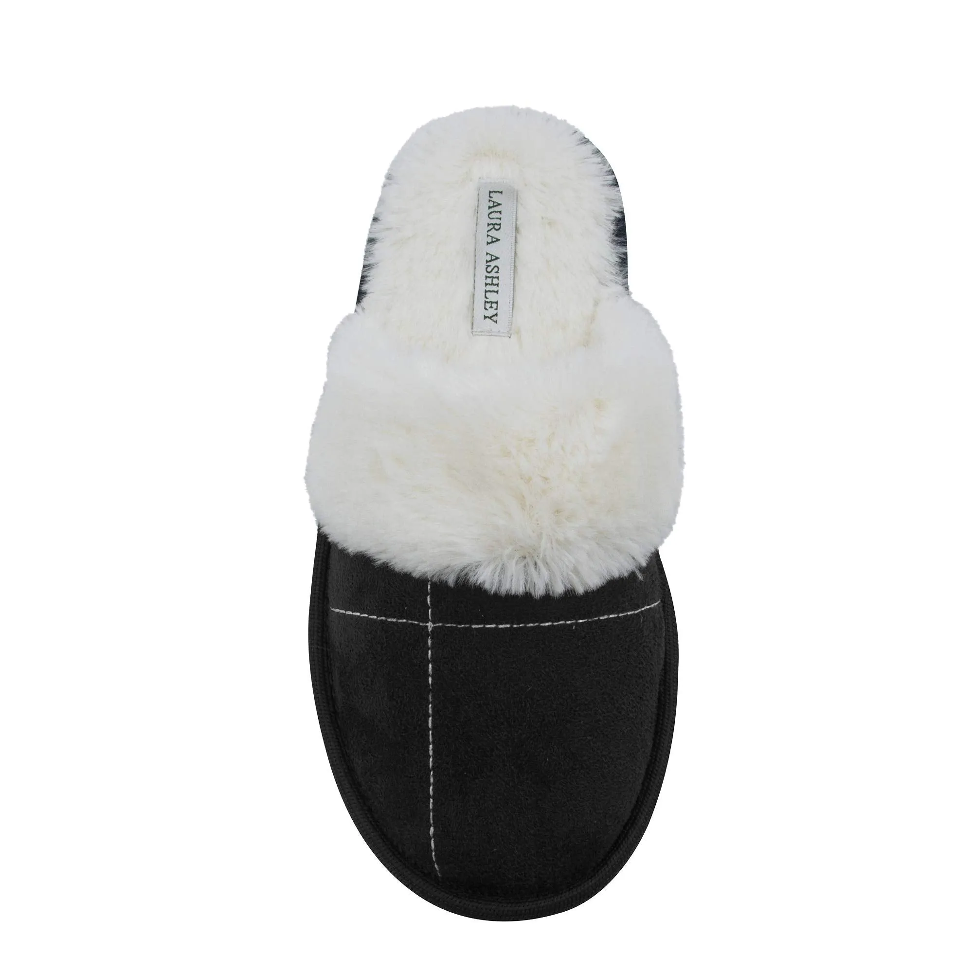 Laura Ashley Ladies Micro Suede Scuff Slipper with Plush Collar, Black, M