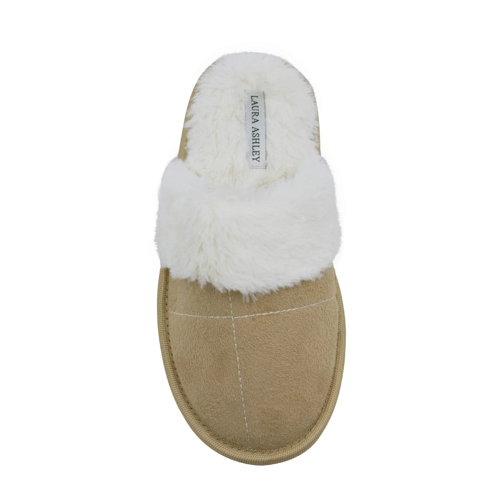 Laura Ashley Ladies Micro Suede Scuff Slipper with Plush Collar, Tan, M