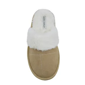 Laura Ashley Ladies Micro Suede Scuff Slipper with Plush Collar, Tan, M