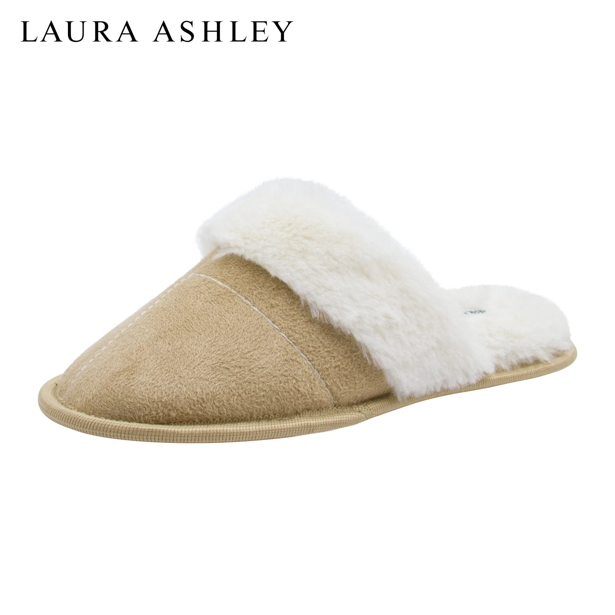 Laura Ashley Ladies Micro Suede Scuff Slipper with Plush Collar, Tan, M