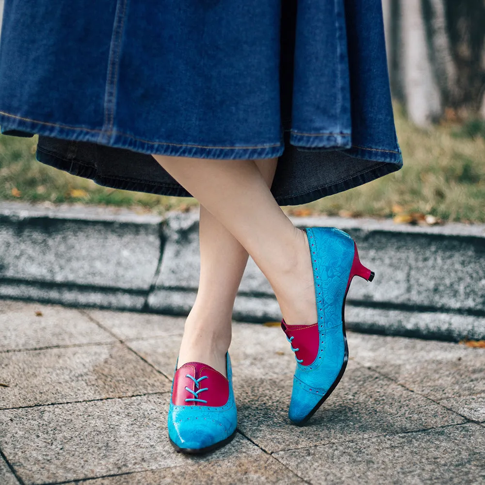 Leather Retro Fashion Elegant Blue and Red Color Matching Women's Shoes