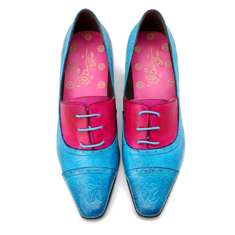 Leather Retro Fashion Elegant Blue and Red Color Matching Women's Shoes