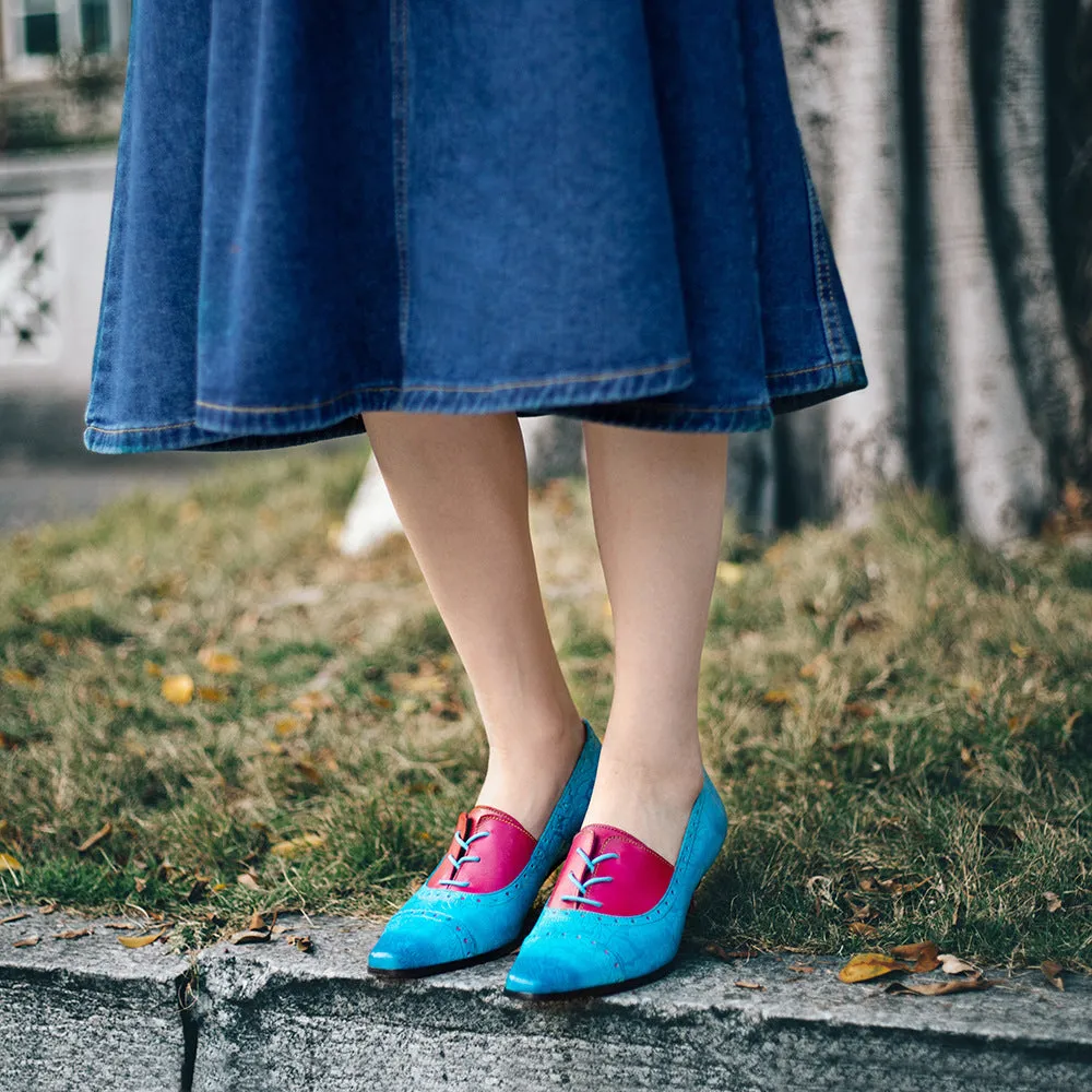 Leather Retro Fashion Elegant Blue and Red Color Matching Women's Shoes