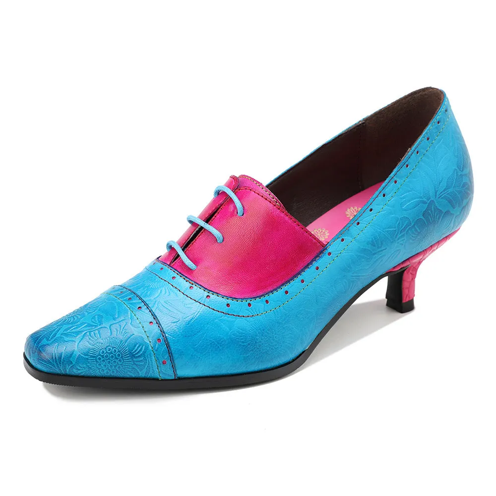 Leather Retro Fashion Elegant Blue and Red Color Matching Women's Shoes