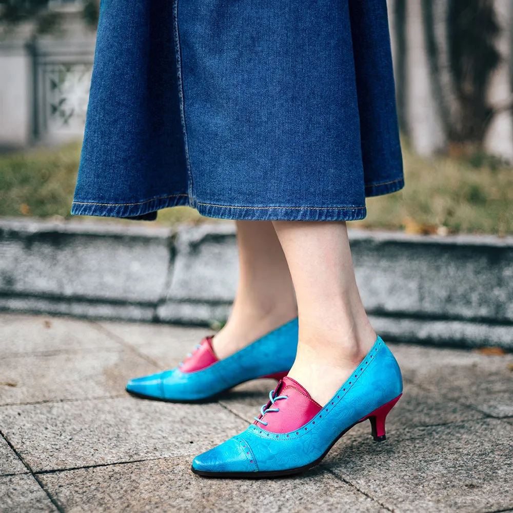 Leather Retro Fashion Elegant Blue and Red Color Matching Women's Shoes