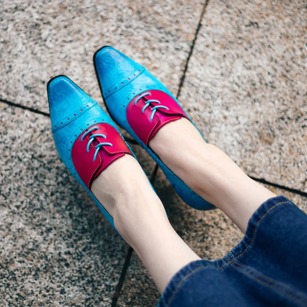 Leather Retro Fashion Elegant Blue and Red Color Matching Women's Shoes