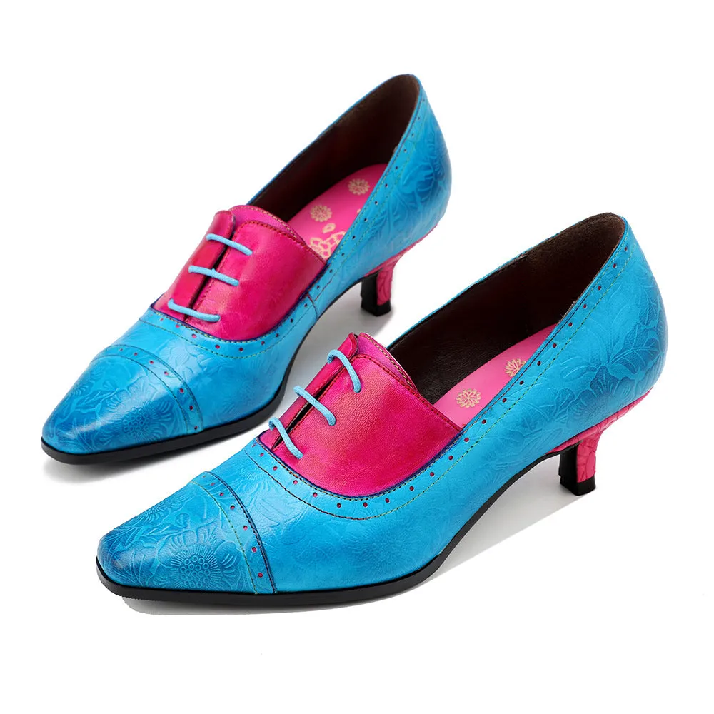 Leather Retro Fashion Elegant Blue and Red Color Matching Women's Shoes