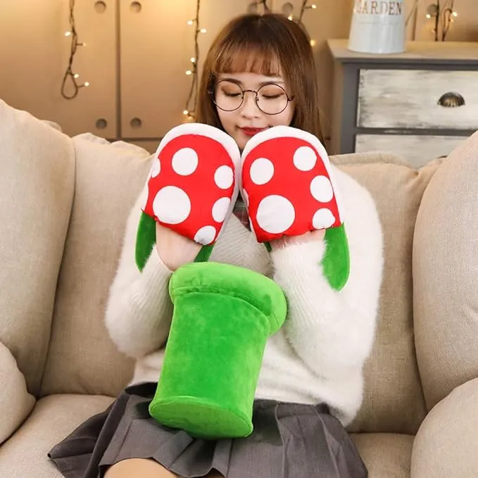 NEW Piranha Plants Plush Slippers Suit Winter Home Wear Cannibal Flower Slippers with Green Warp Pipe Plush for Women Men one size fits most