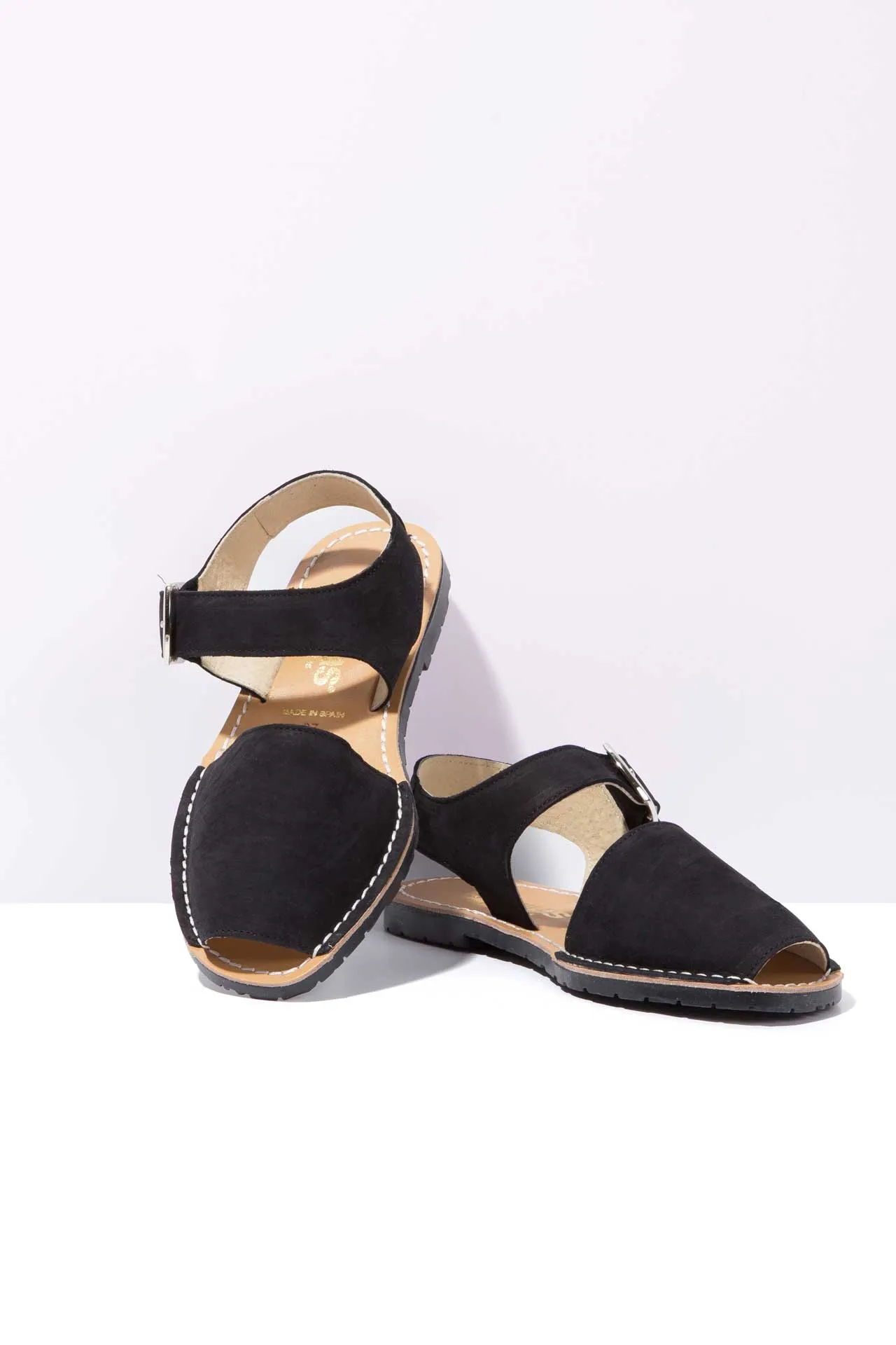 NOCHE PESCA - Black Nubuck Leather Ankle Strap Sandals