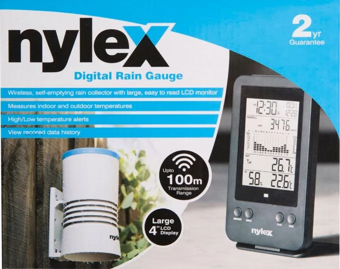 Nylex Digital Rain Gauge/Wireless Rain Collector Sensor/Weather & Temperature