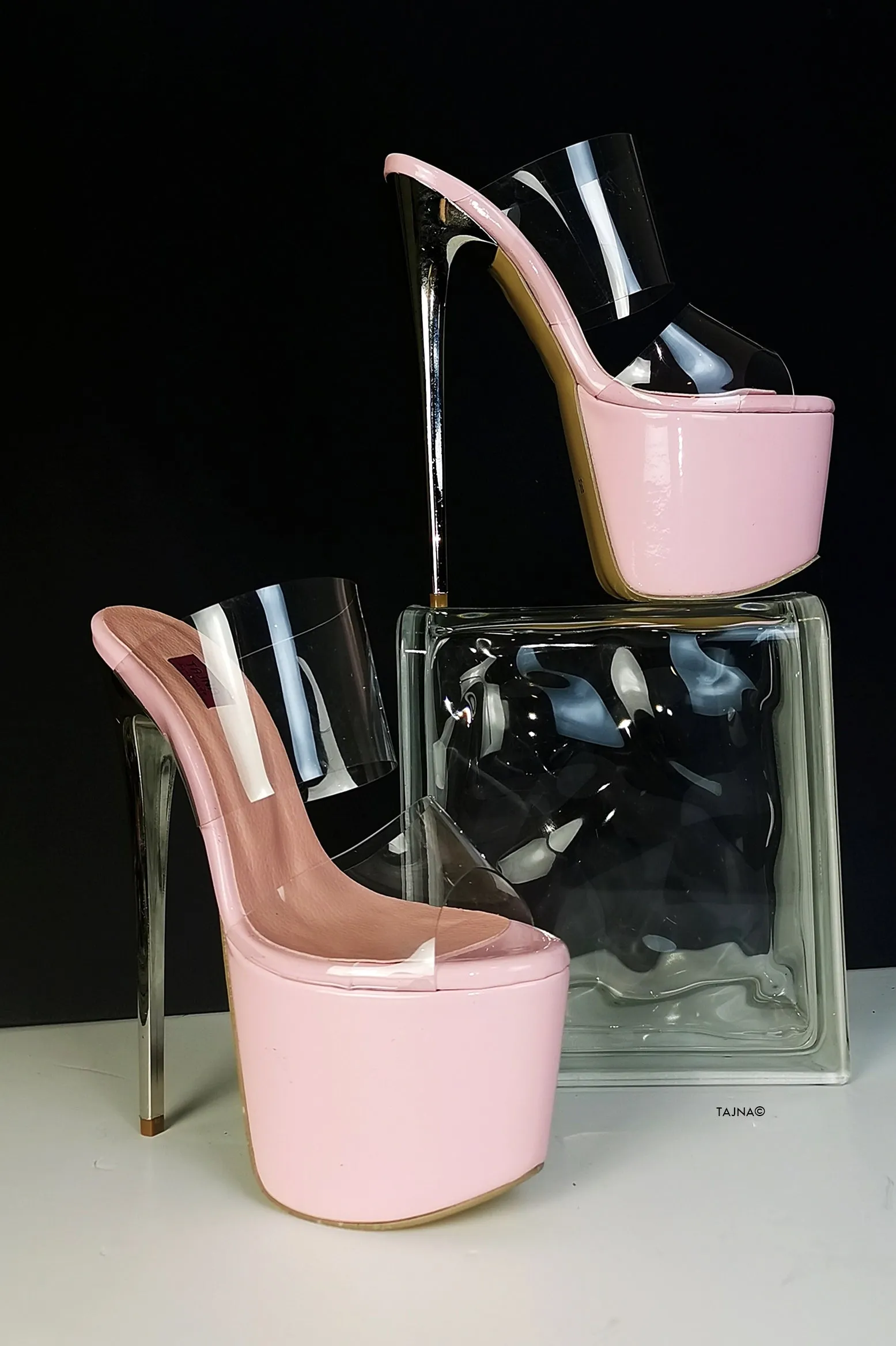 Pink Transparent Strap High Heel Mules