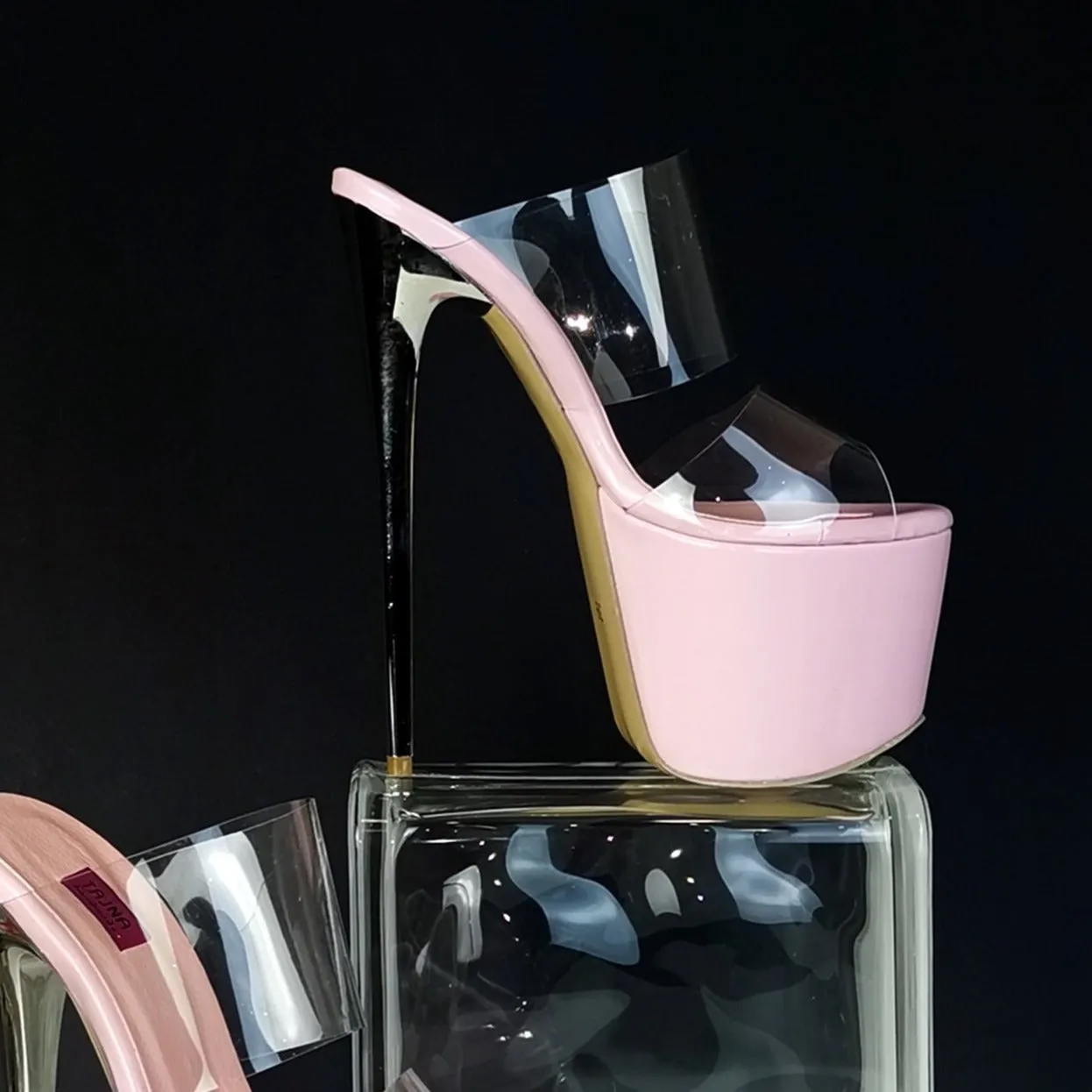 Pink Transparent Strap High Heel Mules