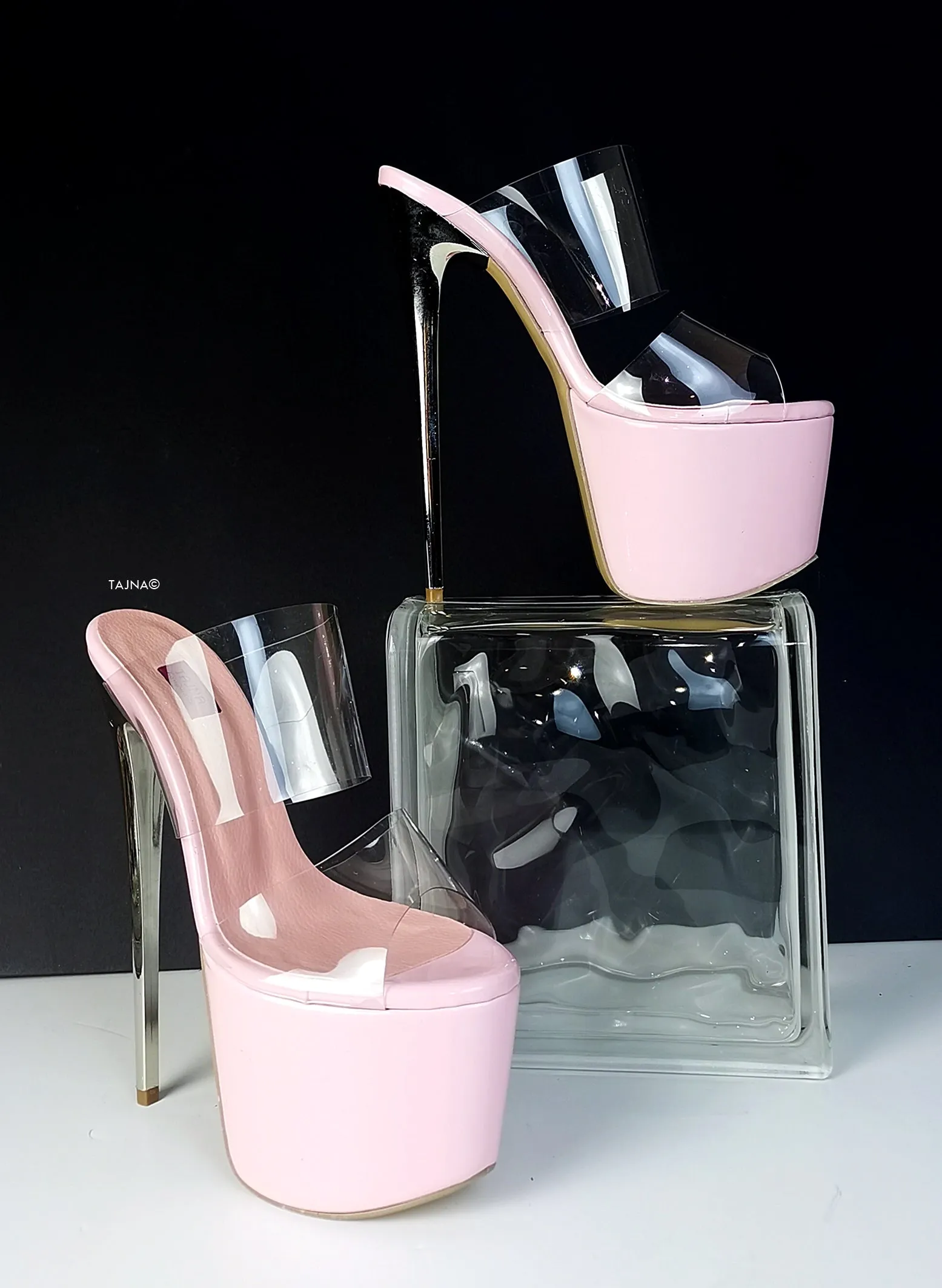 Pink Transparent Strap High Heel Mules