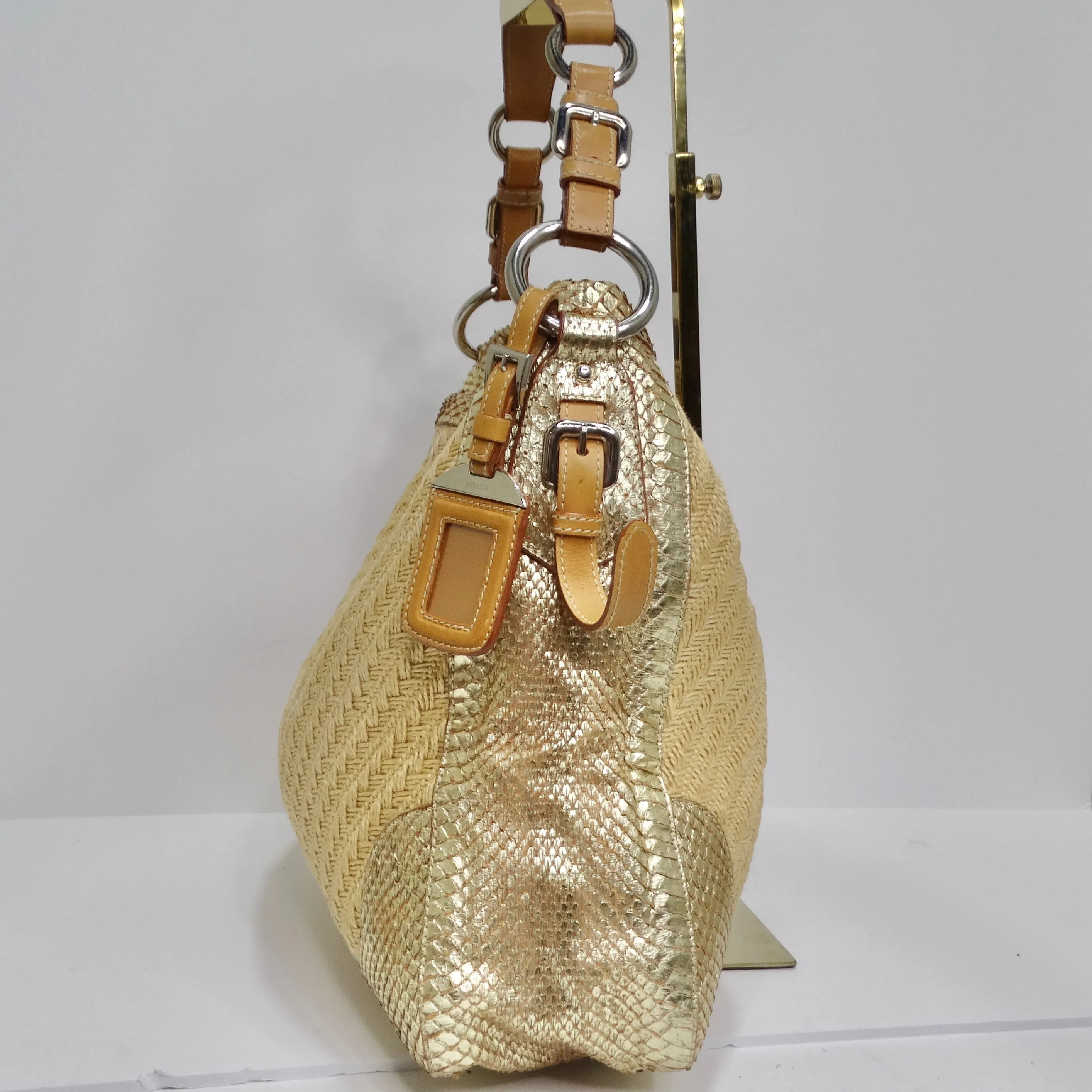 Prada Raffia Woven Jute & Gold Python-Trimmed Shoulder Bag