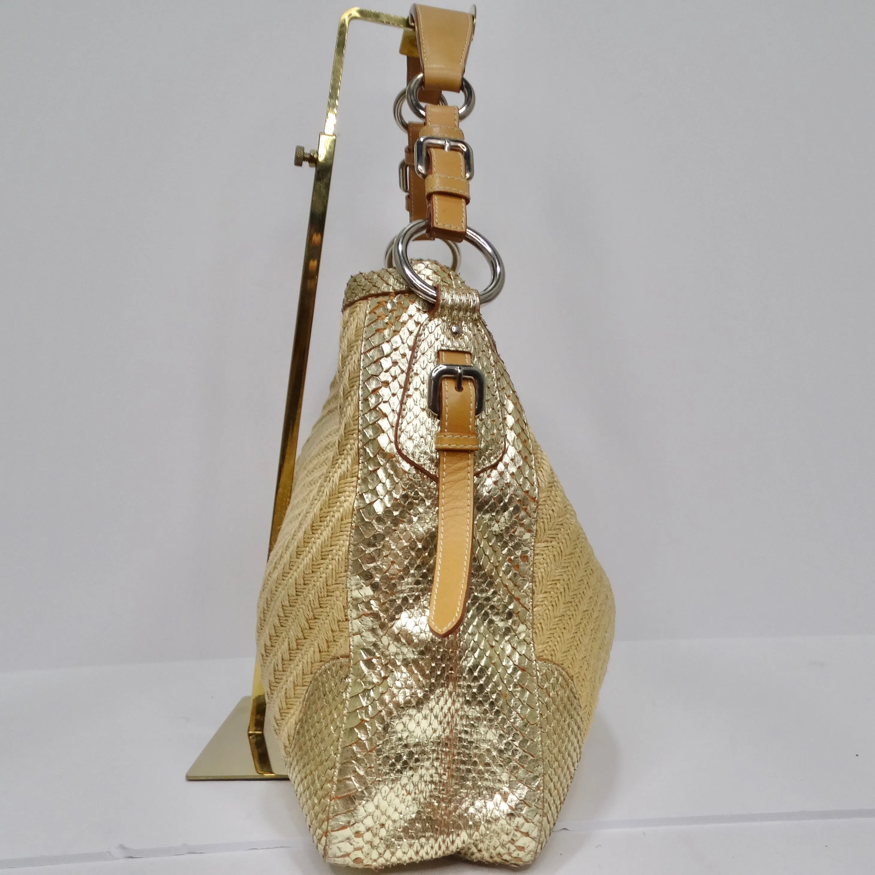 Prada Raffia Woven Jute & Gold Python-Trimmed Shoulder Bag