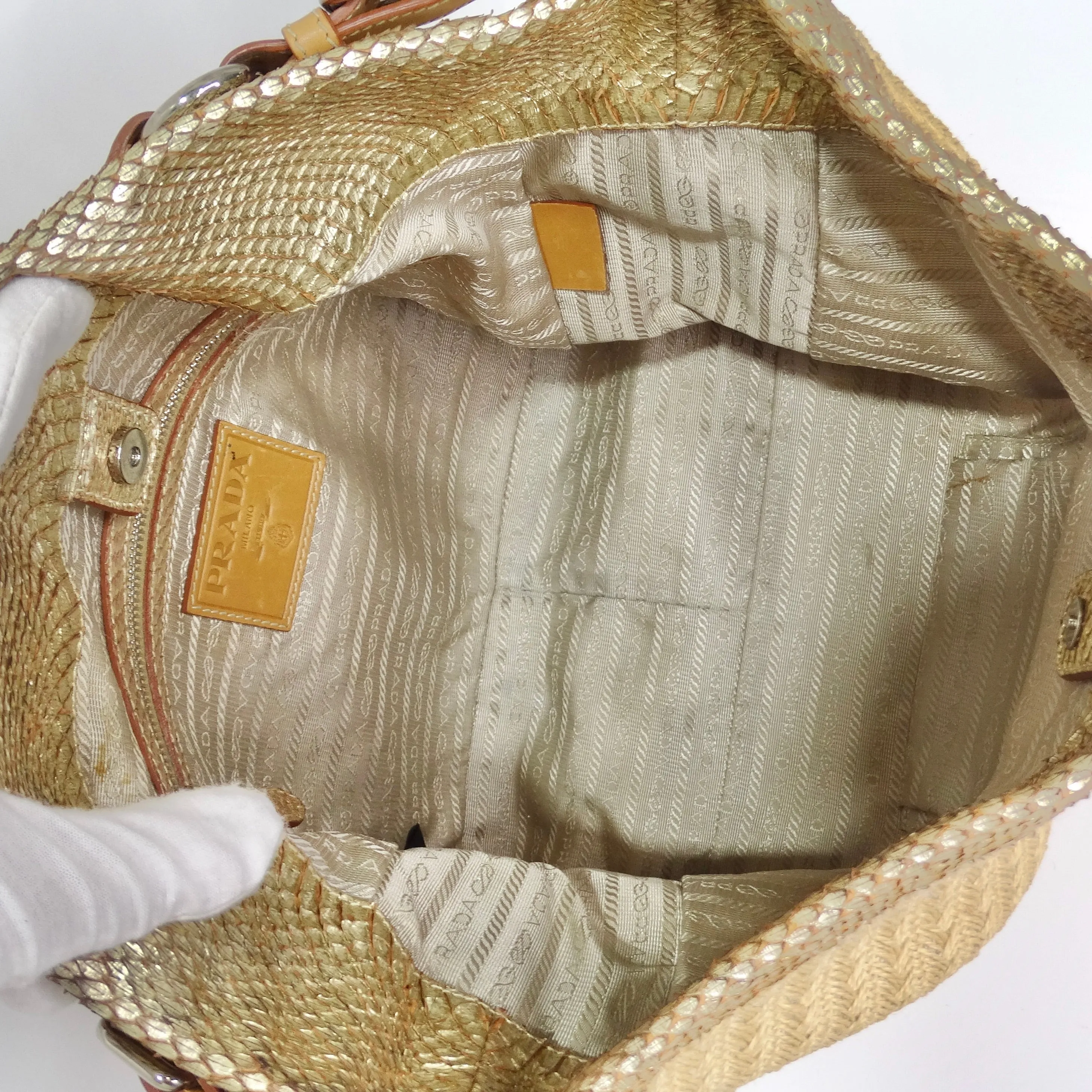 Prada Raffia Woven Jute & Gold Python-Trimmed Shoulder Bag