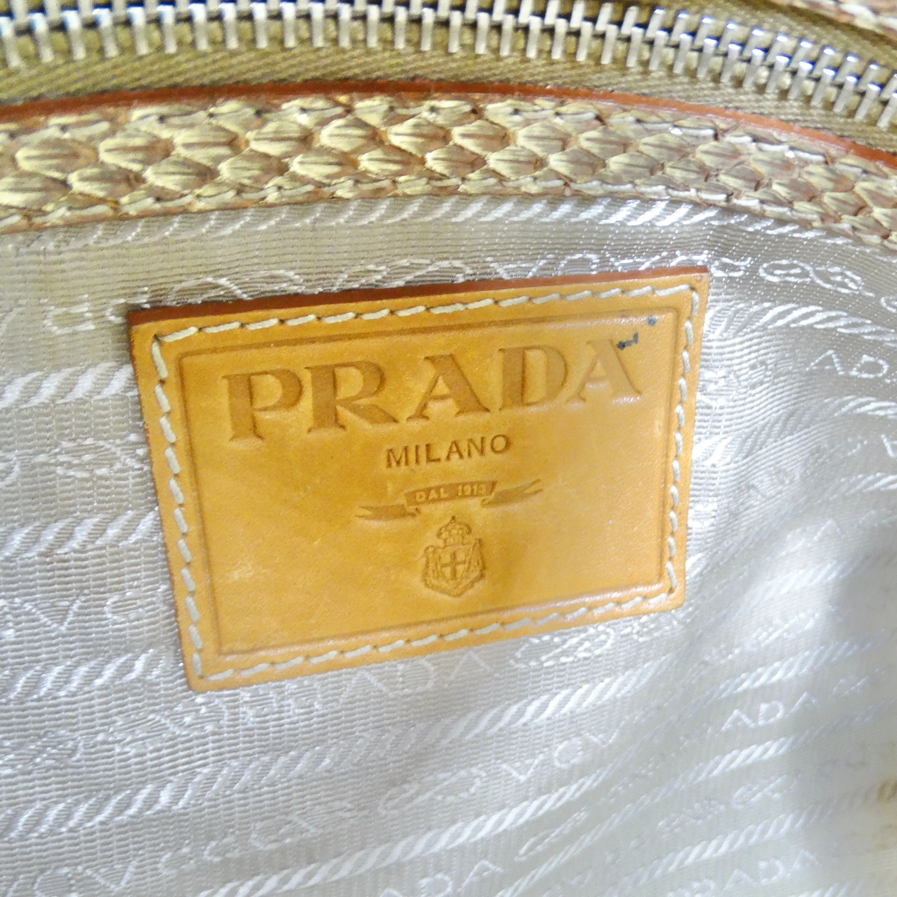 Prada Raffia Woven Jute & Gold Python-Trimmed Shoulder Bag