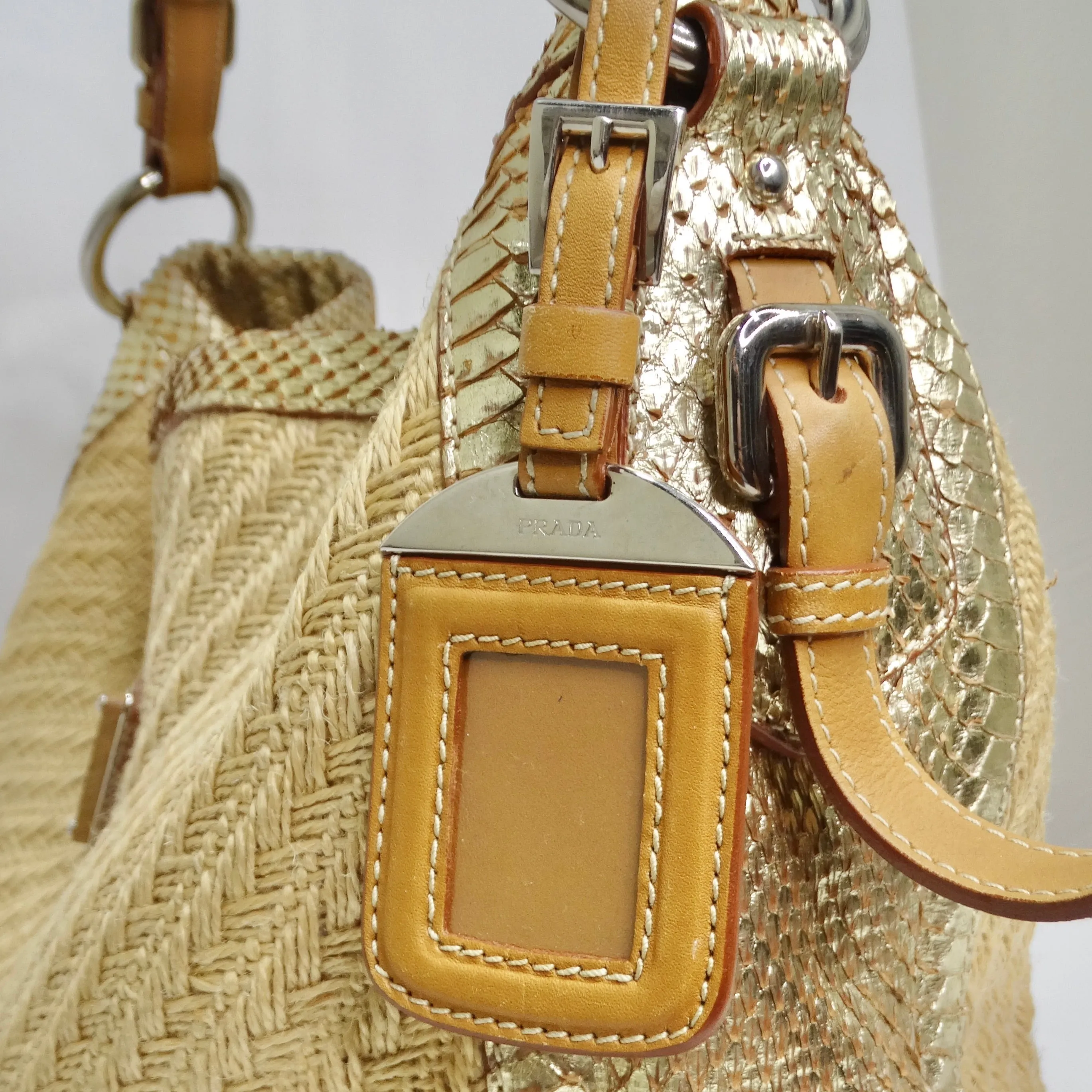 Prada Raffia Woven Jute & Gold Python-Trimmed Shoulder Bag