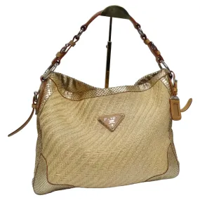 Prada Raffia Woven Jute & Gold Python-Trimmed Shoulder Bag